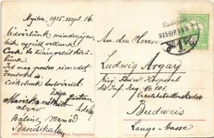 1915 Nagyszombat, Trnava; Ferenc József tér, torony, Szentháromság szobor, Bauer Károly üzlete. Gucz...