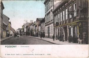 1908 Pozsony, Pressburg, Bratislava; Duna utca, Neffe József papír üzlete és saját kiadása, posta / street, shop, post office (Rb)