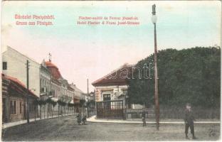 Pöstyén, Piestany; Fischer szálló, Ferenc József út. Gipsz H. 262. / hotel and street