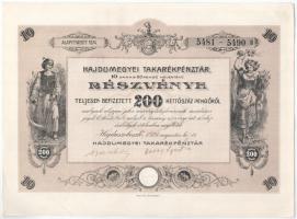 Hajdúszoboszló 1927. Hajdúmegyei Takarékpénztár tíz darab részvénye egyben, összesen 200P-ről, szelvényekkel, szárazpecséttel T:I-,II hajtatlan