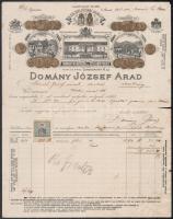 1912 Arad, Domány József bornagykereskedő és szőlőbirtokos fejléces számlája, okmánybélyeggel, kis szakadással