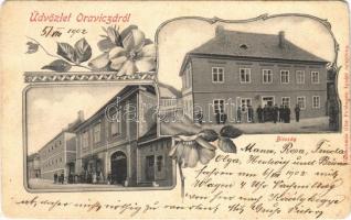 1902 Oravica, Oravita; bíróság, sörcsarnok, Feldmann Ignác üzlete és saját kiadása / court, beer hall, shop. Art Nouveau, floral  (Rb)