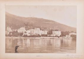 cca 1900 Abbázia, tengerpart, kikötő, városképek (Hotel Quisisana, Villa Angiolina), fotóalbum 10 db fotóval Helfer műterméből, egészvászon kötésben, kissé széteső állapotban, 13×20 cm
