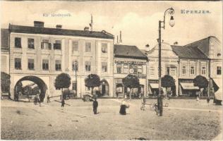 1908 Eperjes, Presov; Kir. törvényszék, Cattarino Sándor, Klein H., Frankel Józs. és Schwarcz üzlete. Divald / court, shops, square  (EK)
