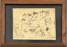 Vadász Endre (1901-1944): Itáliai vízparti város. Fametszet, papír, jelzett. Üvegezett fa keretben. 17,5x22,5 cm