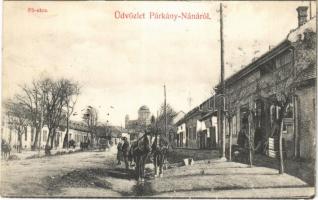 1908 Párkánynána, Párkány-Nána, Parkan, Stúrovo; Fő utca, lovaskocsi, háttérben az esztergomi bazilika, üzlet / main street, horse cart, shop