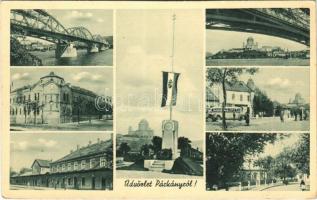 1943 Párkány, Parkan, Stúrovo; vasútállomás, országzászló, autóbusz, utca / railway station, Hungarian flag, autobus, street