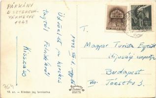 1943 Párkány, Parkan, Stúrovo; vasútállomás, országzászló, autóbusz, utca / railway station, Hungari...