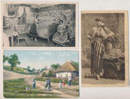 3 db RÉGI folklór motívum képeslap: magyar, román és ukrán / 3 pre-1945 folklore motive postcards: Hungarian, Romanian and Ukrainian