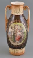 Antik porcelán amfora váza, matricás, jelzés nélkül, formaszámmal, kopásnyomokkal, alsó peremén apró sérüléssel, m: 28 cm