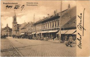1904 Nagybecskerek, Zrenjanin, Veliki Beckerek; Hunyady utca, piac, Huber Gusztáv üzlete, templom / street, market, shop, church (Rb)