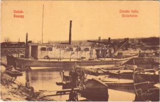 1916 Eszék, Essegg, Osijek; Téli kikötő MKÁ Dráva kotró uszály, halászhajók. W.L. (?) 631. / Zimska Luka / Winterhafen / winter port, barge, dredge, fishing boats (EK)