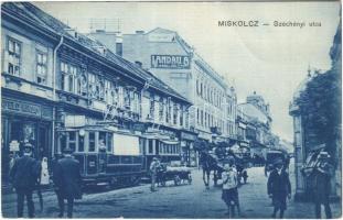 1914 Miskolc, Széchenyi utca, villamos, Landau A. ékszerész, Soós József üzlete