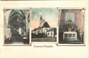 Pozsonypüspöki, Püspöki, Bischdorf, Biskupice pri Dunaji, Podunajské Biskupice (Pozsony, Bratislava); Római katolikus templom, belső, oltár. Kiadja Krausz Alajos fényképész / Catholic church, interior, altar. Art Nouveau