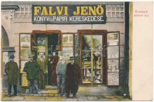 Rozsnyó, Roznava (Gömör); Falvi Jenő könyv- és papírkereskedése, üzlet kirakata / shop front with owners