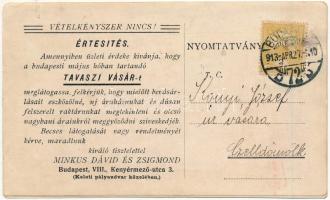 1913 Budapest VIII. Minkus Dávid és Zsigmond Norinbergi díszmű és játékáru üzlete reklámja. Kenyérme...