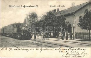 1907 Lajosmizse, Vasútállomás, gőzmozdony, vonat, vasutasok. Kohn és Grünhut kiadása + "LAJOSMIZSE - BUDAPEST 152 B" vasúti mozgóposta bélyegző (EB)