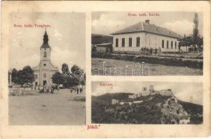 1912 Jókő, Dobrá Voda; Római katolikus templom és iskola, várrom. Vaczulik József kiadása / church and school, castle ruins