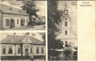 1928 Nagyberény (Siófok), Római katolikus templom, apácazárda, utca, községháza, Boncz János vegyeskereskedése, üzlet, bor, sör és pálinka mérés. Falus Dezső kiadása (EK)