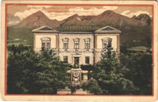 1917 Poprád (Tátra, Magas-Tátra, Vysoké Tatry); Magyarországi Kárpát Egyesület múzeuma, Husz-szoborral és Tátrával. Feitzinger Ede kiadása No. 218. / Karpathenmuseum mit Huszdenkmal und der hohen Tatra / Hungarian Carpathian Association museum, monument (lyuk / pinhole)