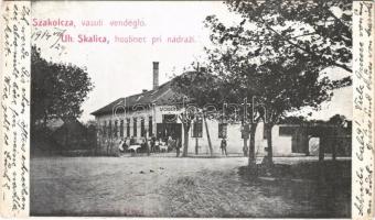 1914 Szakolca, Skalica; Vasúti vendéglő, étterem. Teslík kiadása / hostinec pri nádrazí / railway restaurant, inn (Rb)