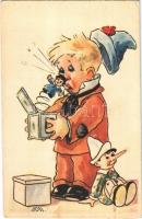 Clown boy with toys. Italian Children art postcard. Cecami N. 1039. s: M. M. (EK)