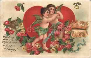 1906 Romantic greeting card, Angels with hearts and roses. Art Nouveau, Floral, Emb. litho (EK)