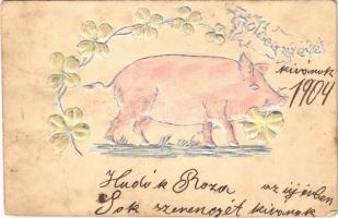 1904 Boldog Újévet! / New Year greeting art postcard, pig with clovers. Art Nouveau, Emb. litho (EB)