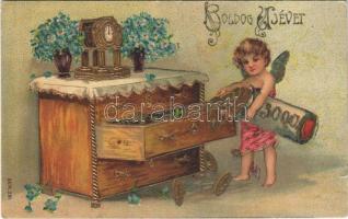 1908 Boldog Újévet! / New Year greeting art postcard, angel with coins. Art Nouveau, Emb. litho (kis szakadás / small tear)