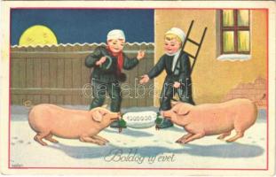1942 Boldog Újévet! / New Year greeting art postcard, chimney sweepers with pigs (EK)
