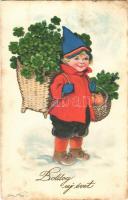1928 Boldog Újévet! / New Year greeting art postcard, child with clover and mushroom. Meissner & Buch Künstlerkarte Nr. 3127. (fl)