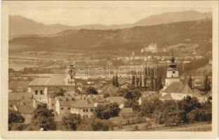 1951 Privigye, Prievidza; látkép, templomok, távolban a bajmóci vár (Gróf Pálffy kastély) / Bojnicky zámok / general view, churches, castle in the distance (EK)