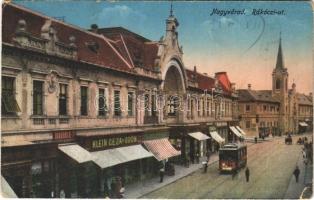 Nagyvárad, Oradea; Rákóczi út, villamos, Barabás B. és társa, Klein Géza és Ödön, Újhelyi Róza üzlete / street, shops, tram (EK)