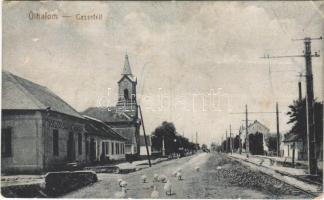 1938 Öthalom, Glogovác, Vladimirescu; utca libákkal, kistemplom, Bor és sörcsarnok a vadászhoz / street, church, beer and wine hall (EK)