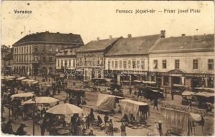 1907 Versec, Vrsac; Ferenc József tér, piac árusokkal, Kern György, Michael Bosnyacski, Adolf Henn, Győri Mór, Walke üzlete. Kirchner Amalia kiadása / market square with vendors, shops (EB)