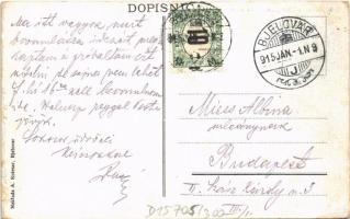 1915 Belovár, Bjelovar; Blühwajsova ulica prama trgu, Podruznica Prve Hrv. Stedionce, Ljekarna K. An...