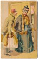 Humoros kinyitható litho képeslap hűtlen házaspárokkal / Humorous folding litho art postcard with cheating husband and wife (gyűrődések / creases)