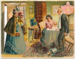 Humoros kinyitható litho képeslap hűtlen házaspárokkal / Humorous folding litho art postcard with ch...