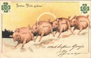1901 Stretna Nova godina / Újévi üdvözlet malacokkal / New Year greeting with pigs. Art Nouveau, litho