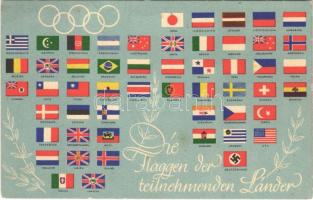 1936 Olympiajahr, Die Flaggen der teilnehmenden Länder. Reichssportverlag / Summer olympics, flags of the participating countries / 1936. évi nyári olimpiai játékok résztvevő országainak a zászlói + So. Stpl (EK)