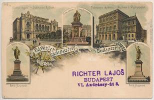 1897 (Vorläufer) Budapest, Fővárosi vigadó, Deák, Petőfi és Eötvös szobor, Tudományos akadémia. Ottmar Zieher Art Nouveau, floral, litho