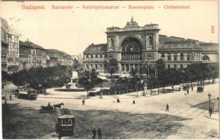 1911 Budapest VIII. Baross tér és szobor, Keleti pályaudvar, villamosok. Taussig A. 9243