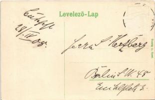 1908 Budapest VII. Rákóczi út, villamosok, Metropole szálloda, hirdetőoszlop. Taussig A. 6676. (Rb)