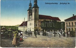 Székelyudvarhely, Odorheiu Secuiesc; Batthyányi tér, templom, piac, Gáspár Testvérek üzlete / square, church, market, shop (EK)