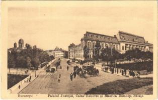 1916 Bucuresti, Bucharest, Bukarest; Palatul Justitiei, Calea Rahovei si Biserica Domnita Balasa / palace of justice, street, horse-drawn tram, church