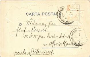 1905 Román bélyegek és címer. Dombornyomott litho / Romanian stamps and coat of arms. Carte Philatel...