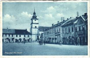 1936 Privigye, Prievidza; Katolikus templom, tér, J. Steiner, Jána Wundera Syn üzlete, Foto. M. Klimko kiadása / church, square, shops  (EK)