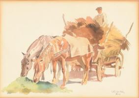 Gönczi-Gebhardt Tibor (1902-1994): Szénásszekér, 1948. Akvarell, papír. Jelzett. Üvegezett fa keretben. 26x35,5 cm
