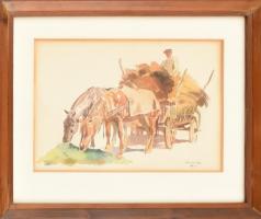 Gönczi-Gebhardt Tibor (1902-1994): Szénásszekér, 1948. Akvarell, papír. Jelzett. Üvegezett fa keretb...