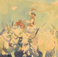 Wallburg Egon (Zórád Ernő, 1911-2004): Gulyahajtás, 1944. Akvarell, papír. Jelzett. Üvegezett fa ker...